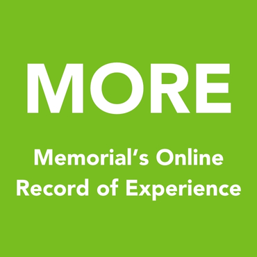 A green block with white text spelling out MORE: Memorial's Online Record of Experience